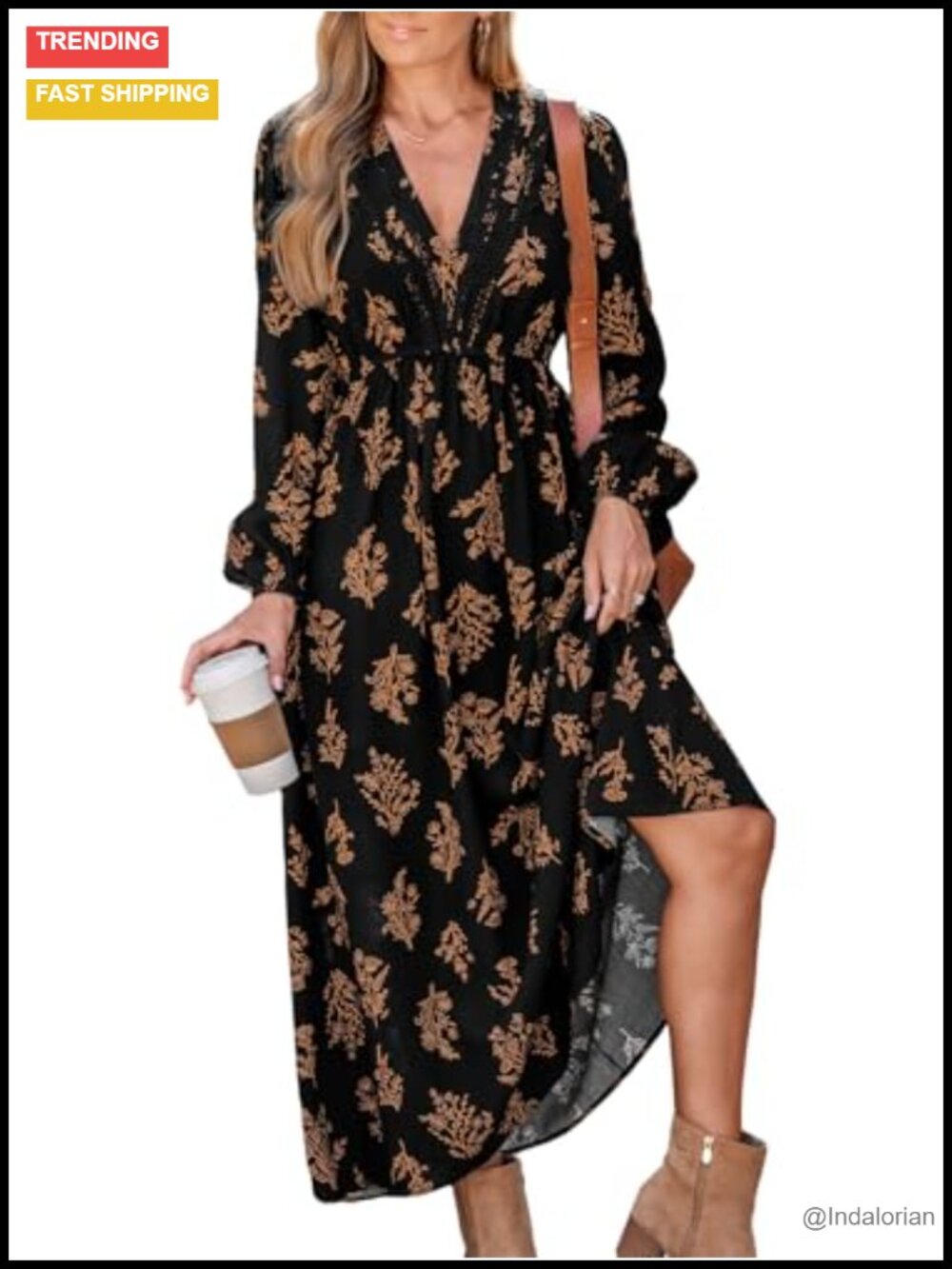 Floral Maxi Dress V-Neck Long Sleeve Ruffle Hem Casual Fall Vacation